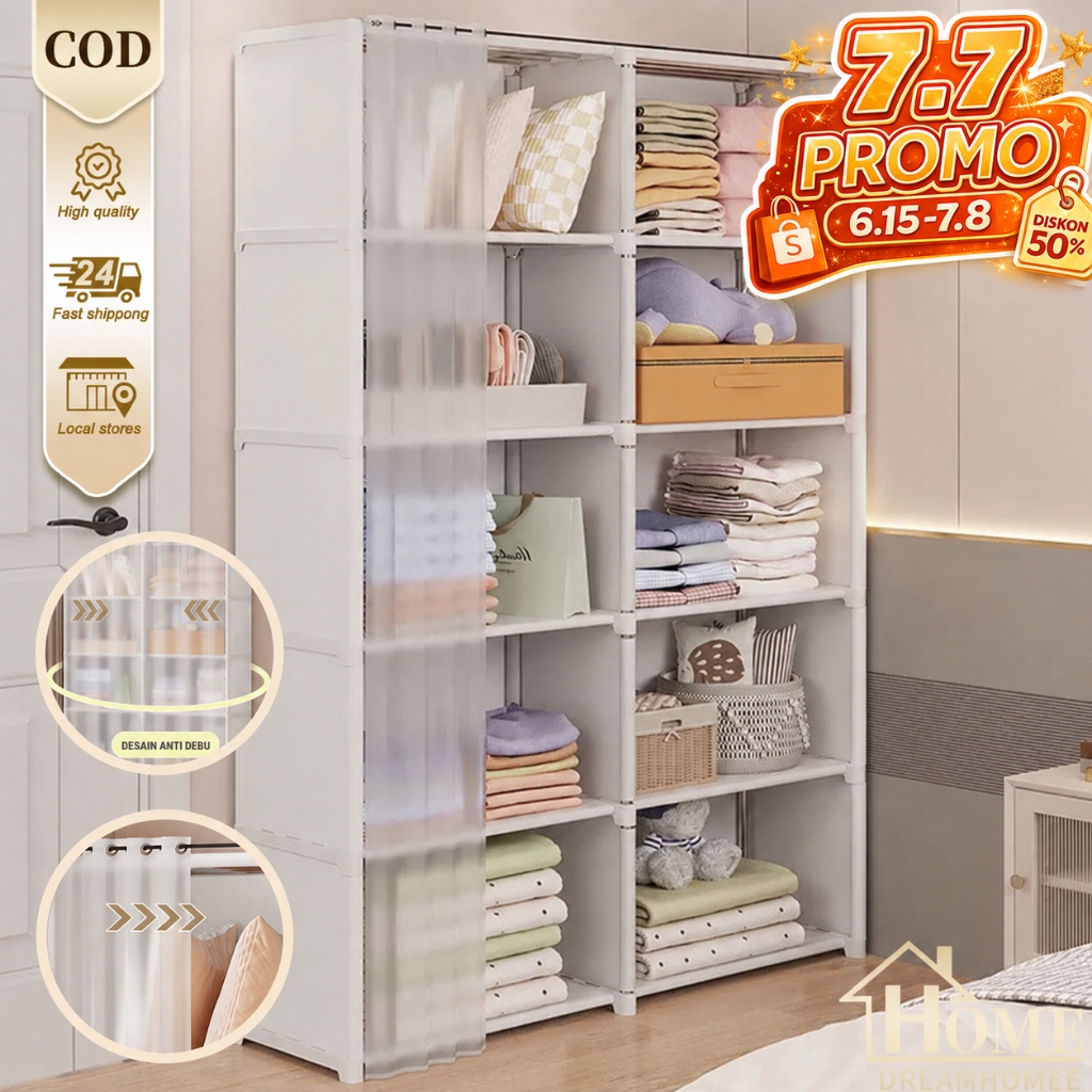 Jual COD Lemari Pakaian Sederhana Storage Rack Wardrobe Dengan Tirai ...