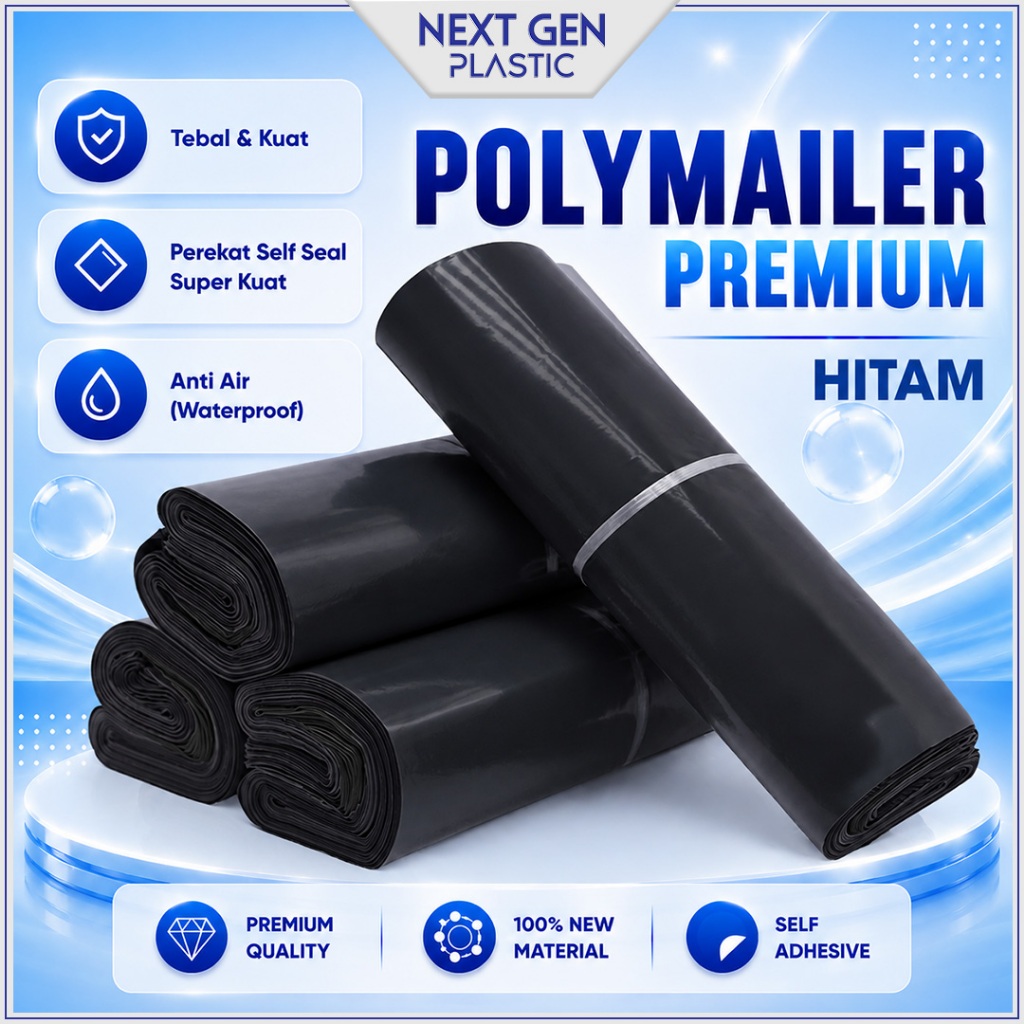 PLASTIK POLYMAILER HITAM SUPER PREMIUM TEBAL Kantong Amplop Packing Olshop Warna Perekat Custom Polymailer