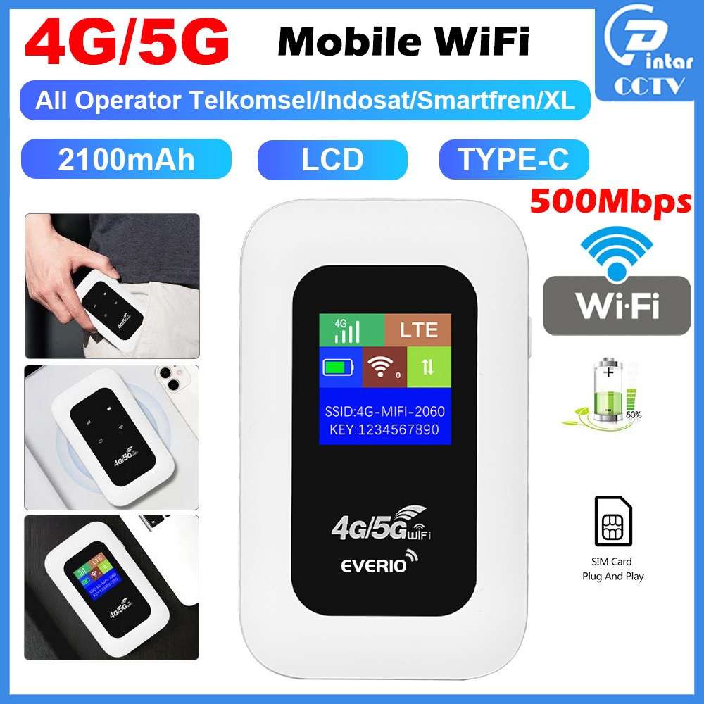 EVERIO - 500Mbps 2100mAh Modem Wifi 4G 5G semua Operator TELKOMSEL Wifi Portable Mobile WiFi Router