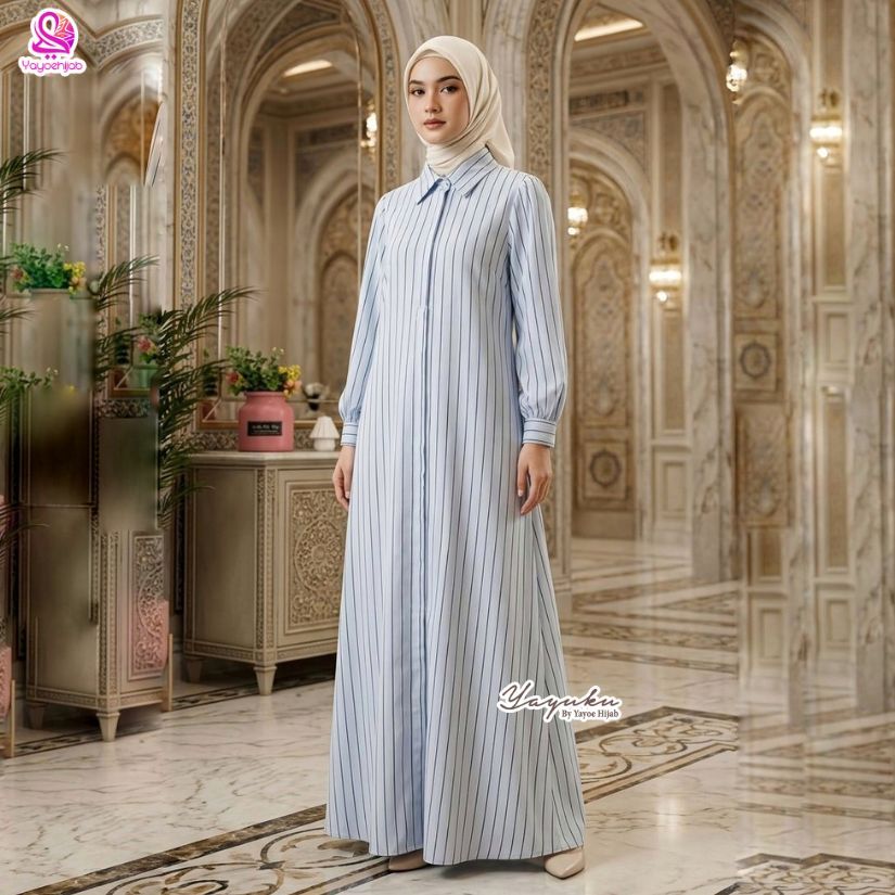 Layla Dress Panjang Garis Wanita Modis Look Simple & Classy Gamis Kemeja Elegan Bahan Adem Premium Muslimah Casual Yayuku by Yayoe Hijab