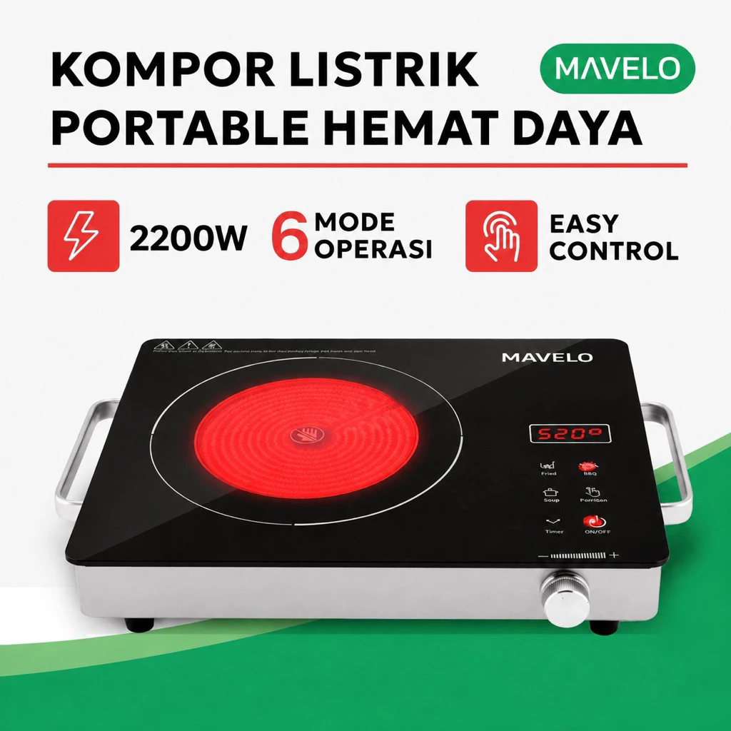 MAVELO Kompor Listrik Portable Rendah Watt 1 Tungku Hemat Daya 220V dan BBQ - foto 1