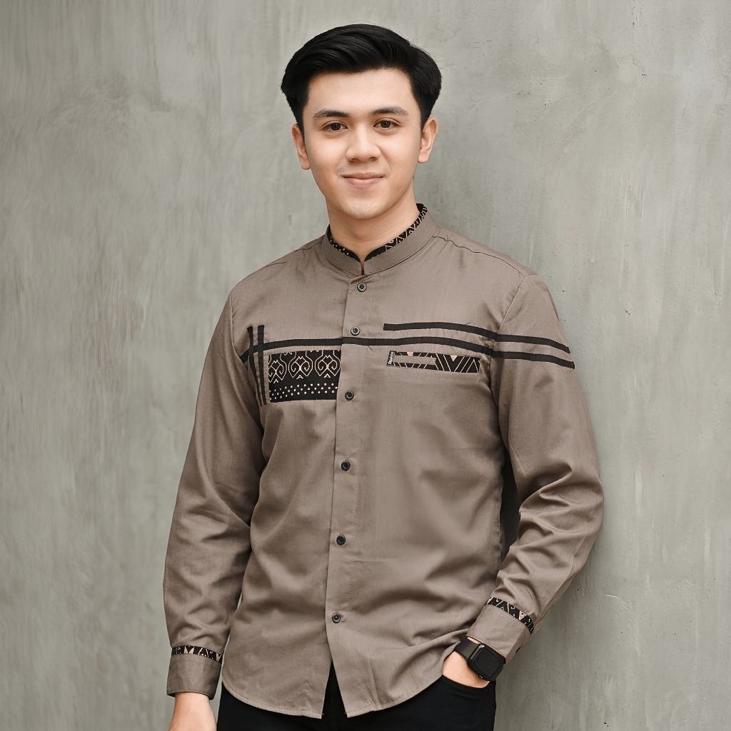 Koko Pria Lengan Panjang Elrumi Katun Premium Warna Coklat Motif Zoled