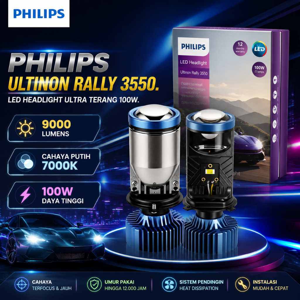 Philips lampu led h4 Y7 mobil biled h4 Depan Mobil 100 Watt Lampu Mobil Philips LED ULTINON RALLY 3550 100W Ultra Brights
