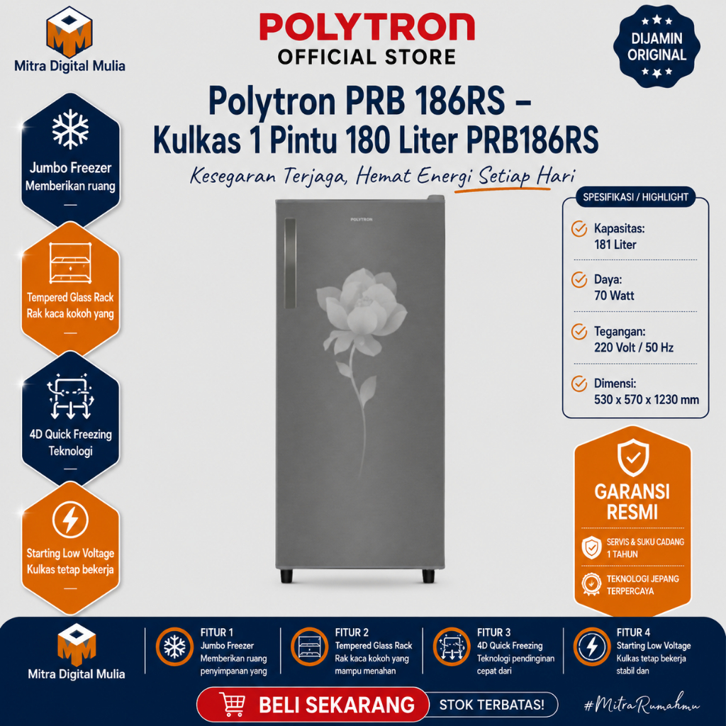 Jual Polytron PRB186RS Kulkas 1 Pintu 180 Liter Jumbo Freezer Tempered ...