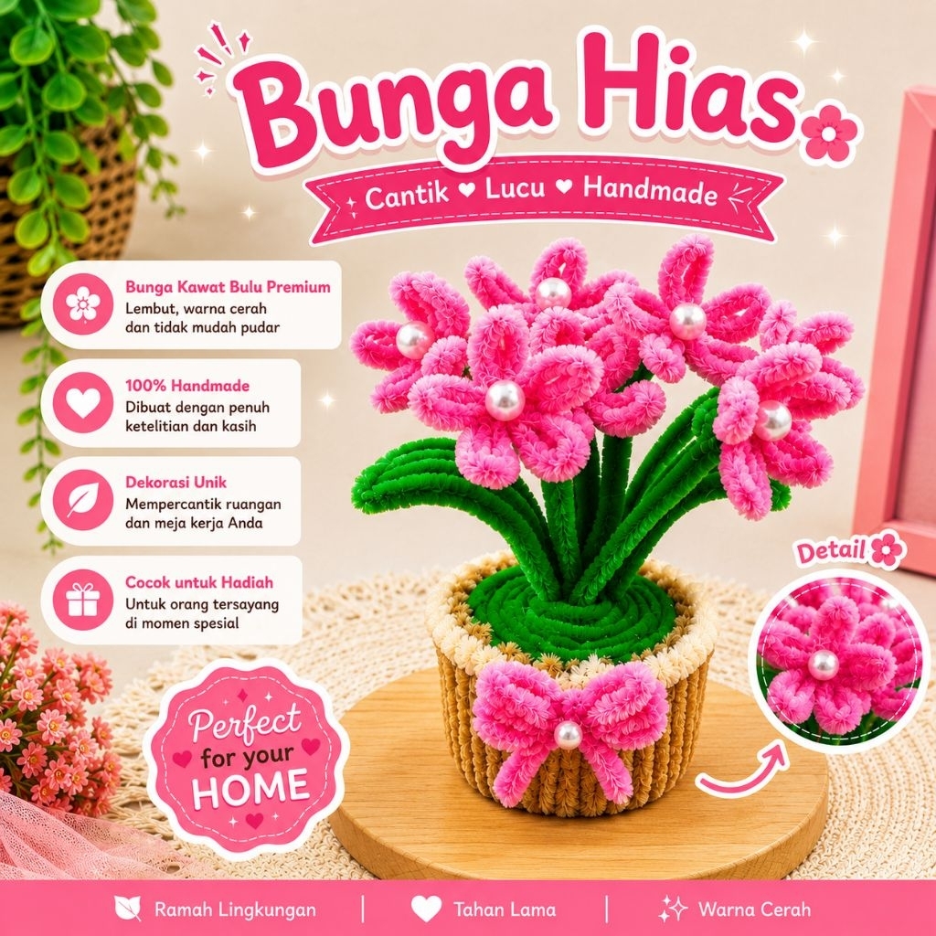 Pot Bunga Hias Mutiara Pipe cleaner | Kawat Bulu Premium Handmade