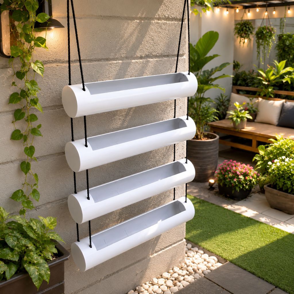 Pot Gantung PVC 95 cm 4 Susun | Vertical Hanging Planter Paralon Putih | Rak Tanam Sayur & Bunga | Pot Hidroponik Balkon Teras Taman | Pot Tanaman Gantung Minimalis Anti Karat & Tahan Air