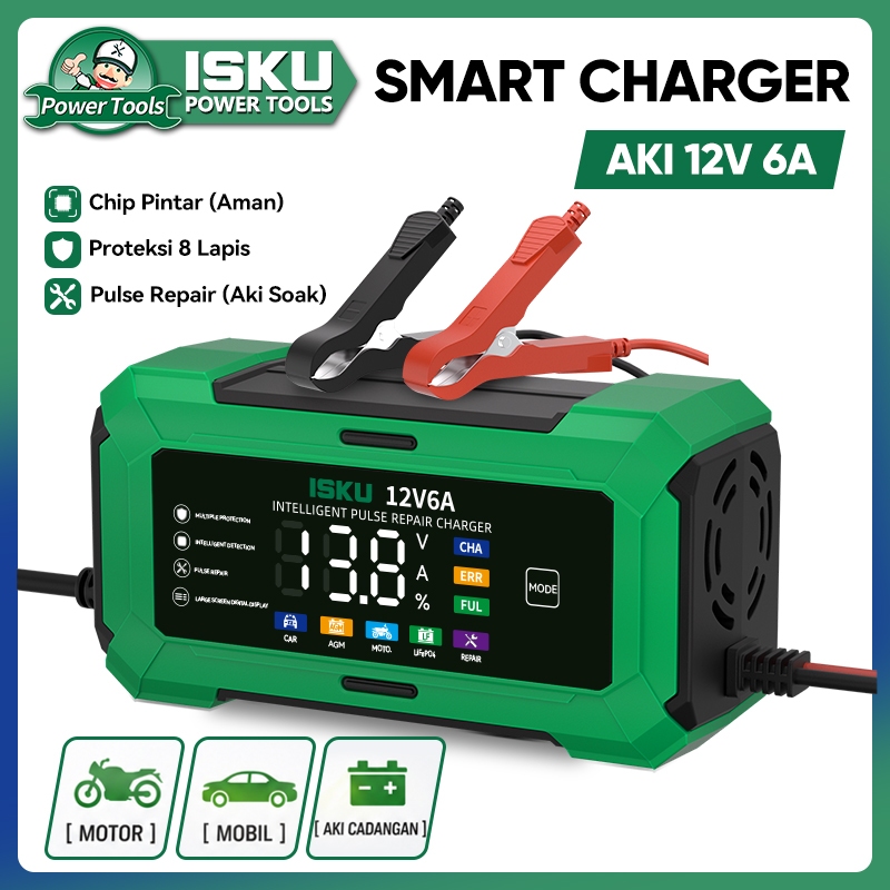 ISKU Charger Aki Mobil Motor 12V 6A Cas Aki Pintar Otomatis Smart Battery Charger Pulse Repair Casan Aki Kering Basah AGM Gel Lithium Alat Garasi Otomotif