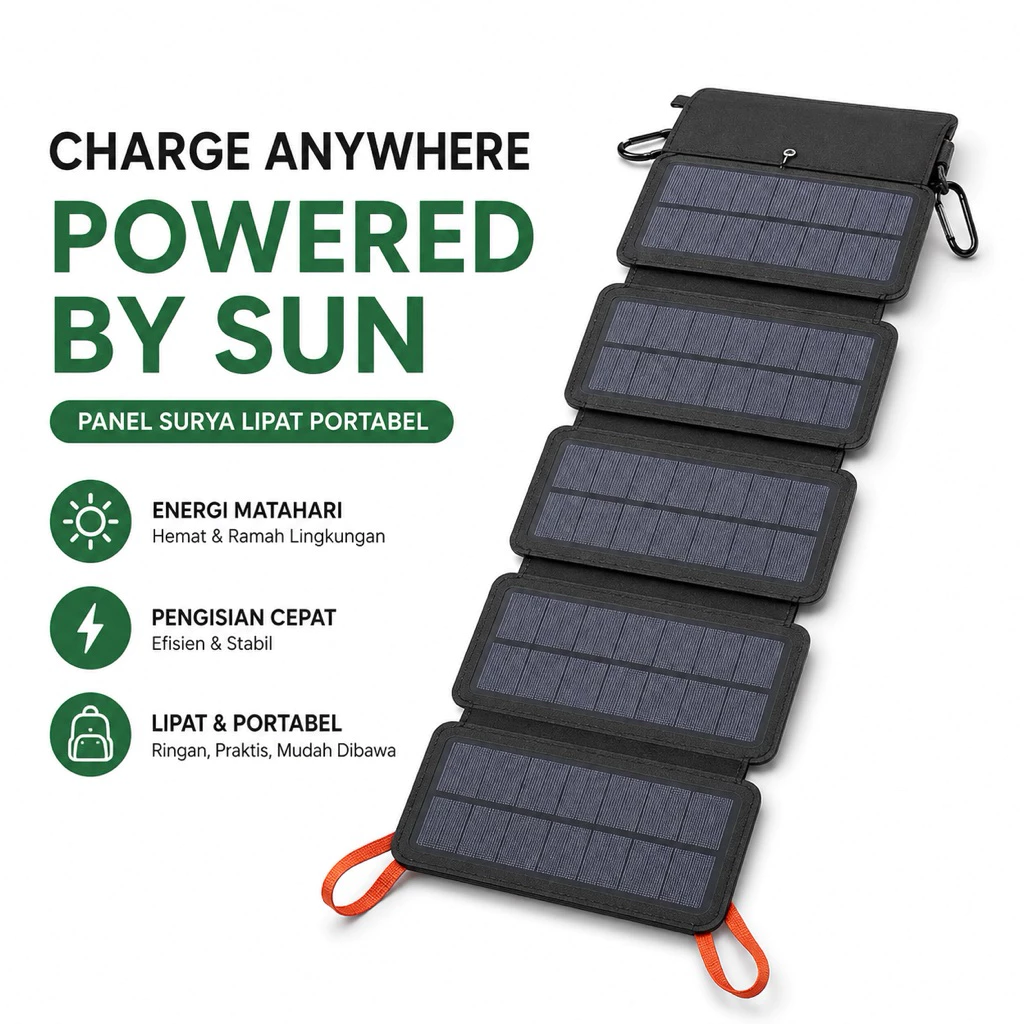 Solar Panel Portable Lipat Charger Tenaga Surya USB Isi Daya HP Power Bank Camping Outdoor
