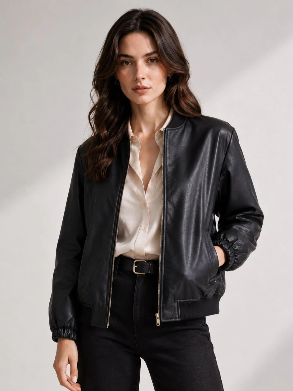 Jaket Bomber Wanita Bahan Kulit Sintetis INC Women's Faux-Leather Bomber Jacket - 2786