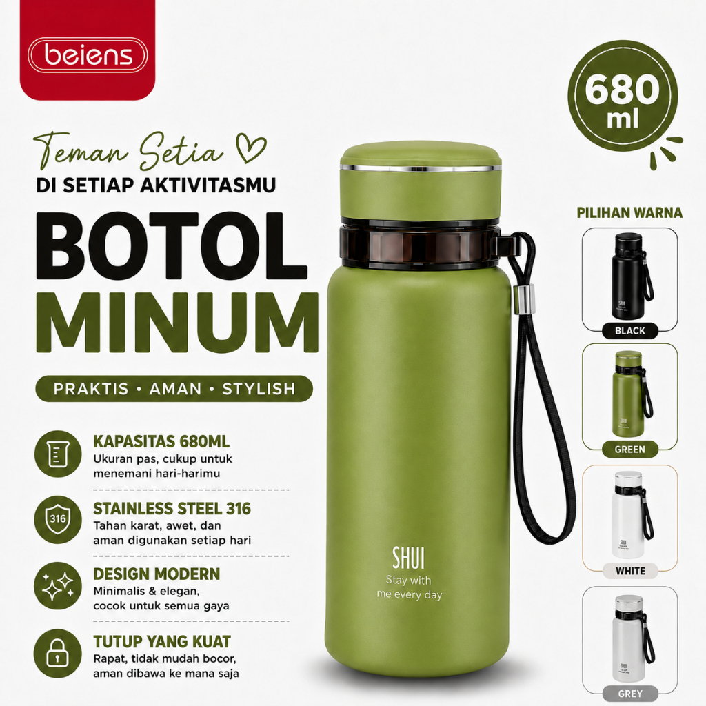 Beiens Termos Stainless Vacuum Flask 680ML Botol Minum Stainless Tumbler Tahan Panas dan Dingin
