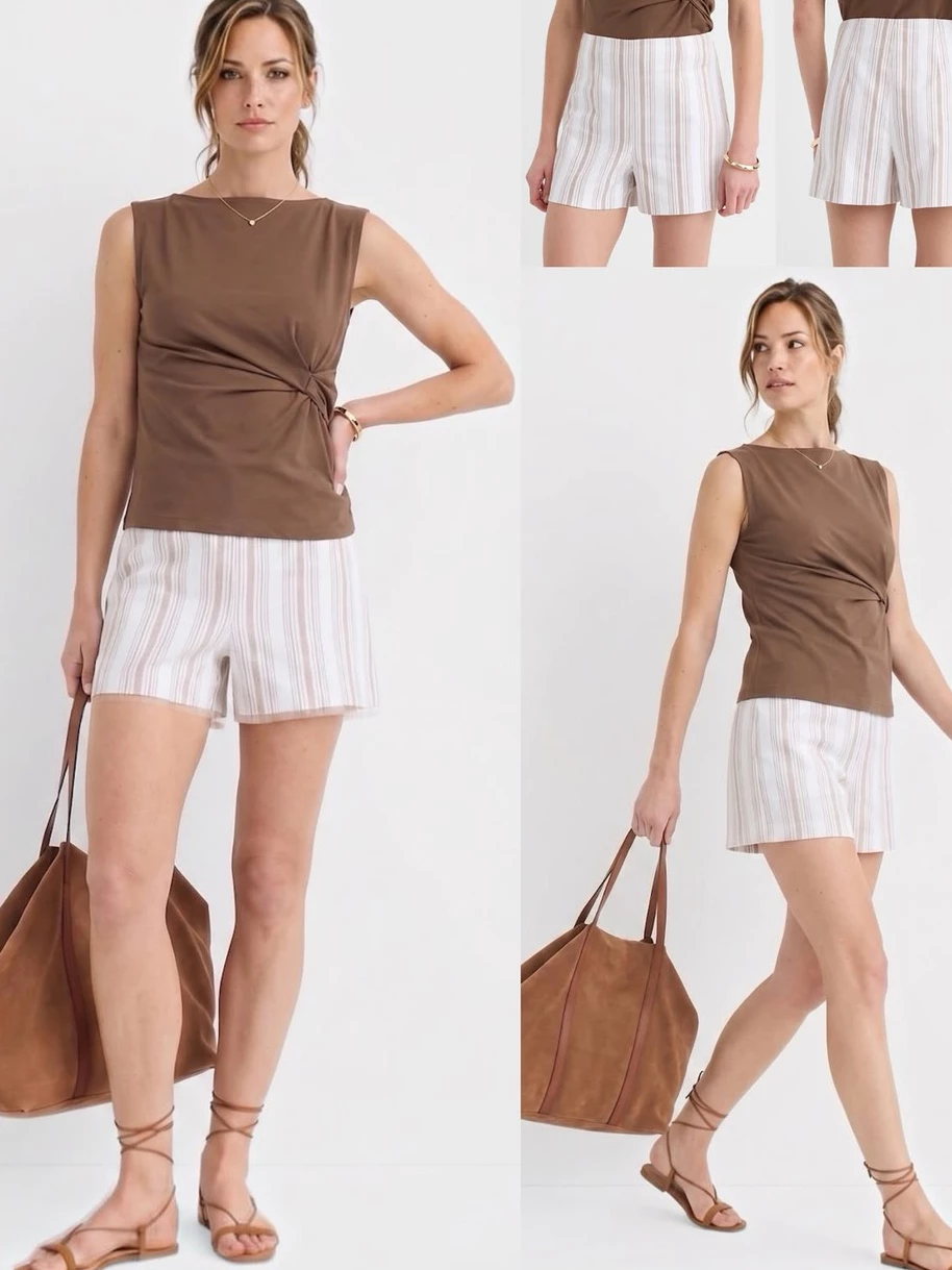 Celana Pendek Wanita LF Darted Side Zip Shorts in Striped Cotton Linen - 2914