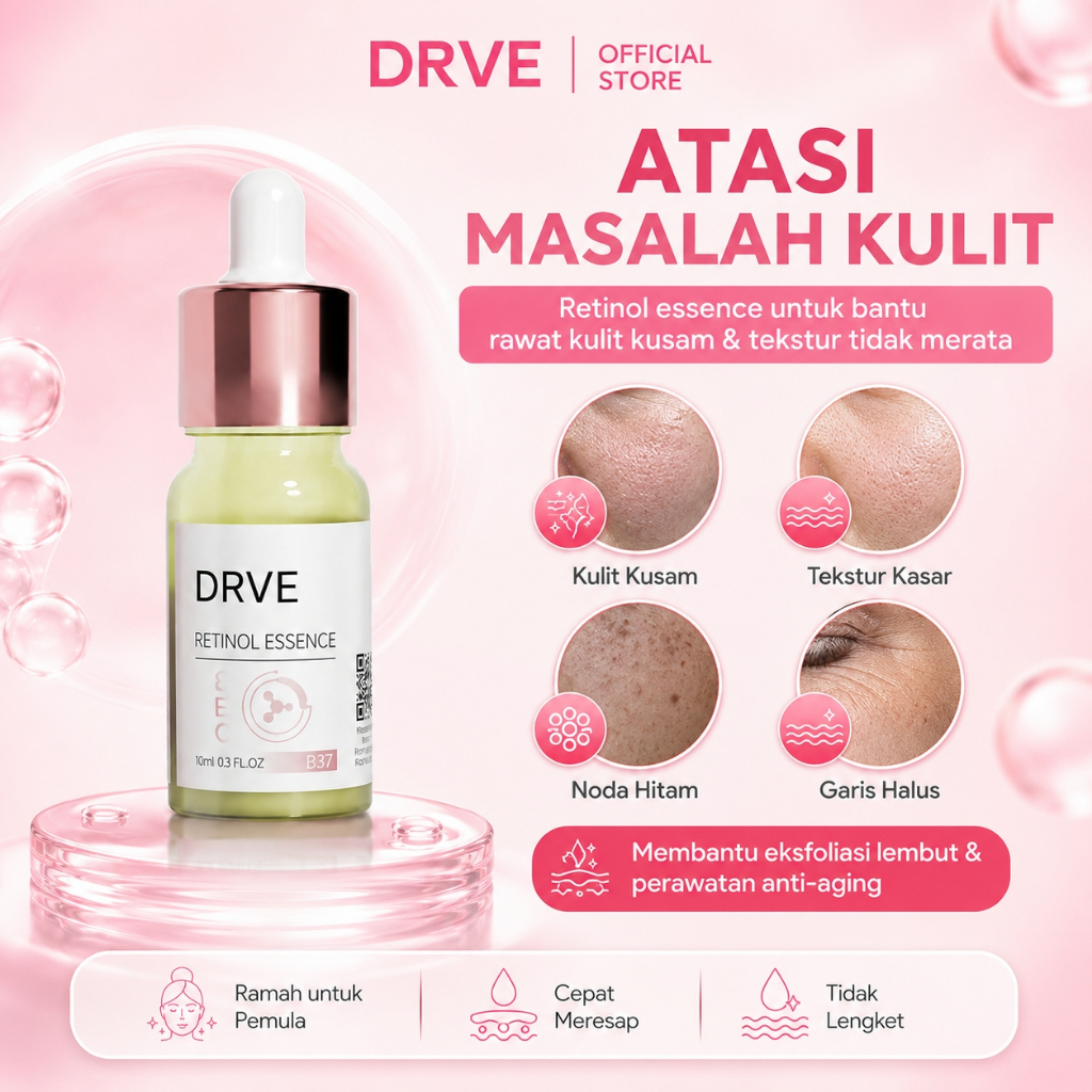 DRVE Retinol Essence 10ml Serum Wajah Mencerahkan | Serum Retinol Malam untuk Kulit Kusam, Noda Hitam, Bekas Jerawat, Garis Halus, Tekstur Tidak Merata, Skin Barrier, Ringan Tidak Lengket