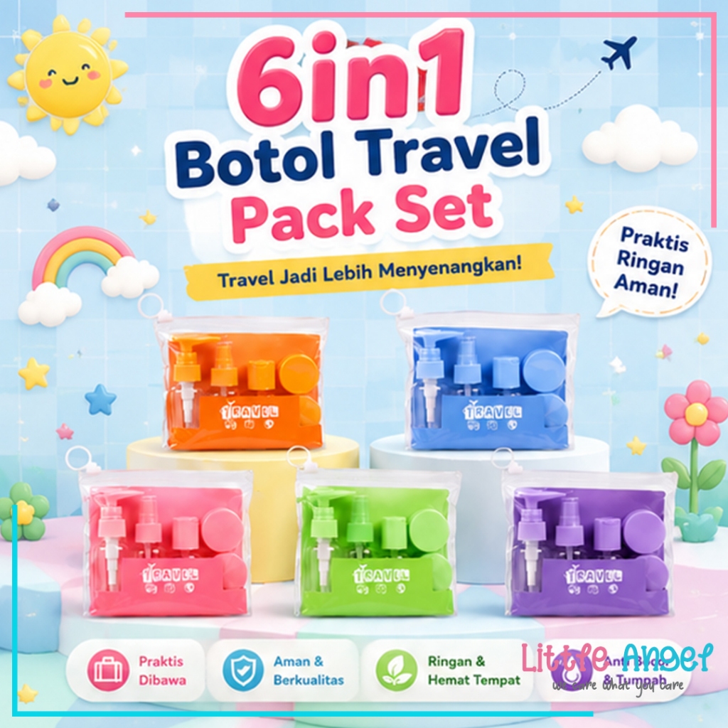 Botol Travel Kit Set 6in1 Wadah Isi Ulang Lotion Kosmetik Skincare Sunscreen Sabun Shampoo Cair Wajah Perlengkapan Travel Sport Bag Tempat Refill Set Mini Praktis Pouch Botol Liburan Anti Tumpah