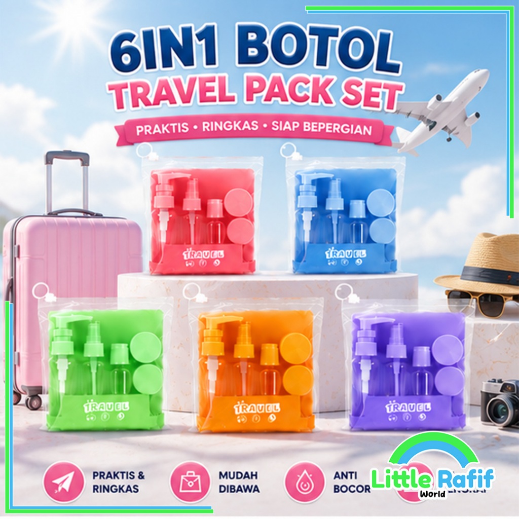Botol Travel Pack 6 in 1 Tempat Refill Sabun Shampoo Cair Lotion Kosmetik Skincare Sunscreen Wajah Perlengkapan Travel Sport Bag Wadah Isi Ulang Set Mini Praktis Pouch Botol Liburan Anti Tumpah