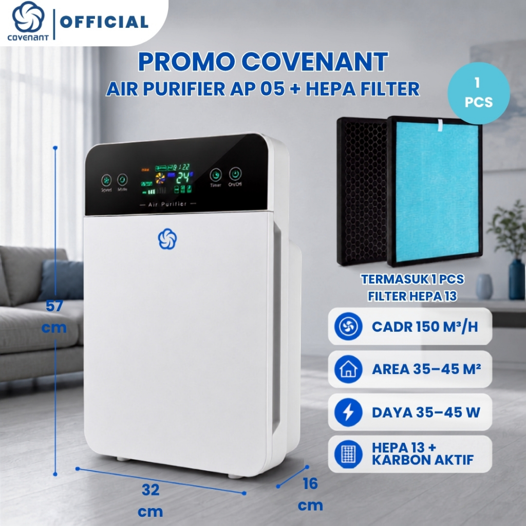 Covenant Official PROMO Air Purifier AP-05 Pembersih Udara Ruangan Dengan HEPA Filter 13 dengan Karbon Aktif PM2.5 dan Remote Touch Screen Untuk Kamar Rumah Kantor 35-45m2 Anti Debu Bau Alergen Bulu Hewan Kucing Low Watt 45W