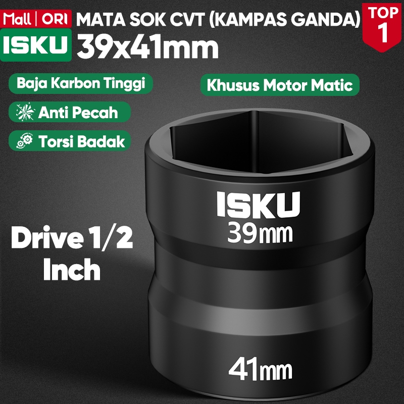 ISKU Mata Sok CVT 39x41mm Kunci Shock Hitam 1/2 Inch Buka Kampas Ganda Pulley Motor Matic Baja CR-V Tebal Anti Pecah Alat Bengkel Otomotif Impact Socket Nut Torsi Badak Tahan Hentakan Presisi Tinggi Heavy Duty Awet