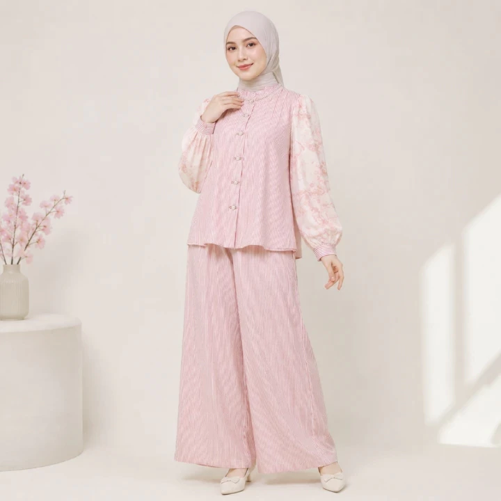 CHICMORE Setelan Wanita Patchwork Elegan Pink/Blue