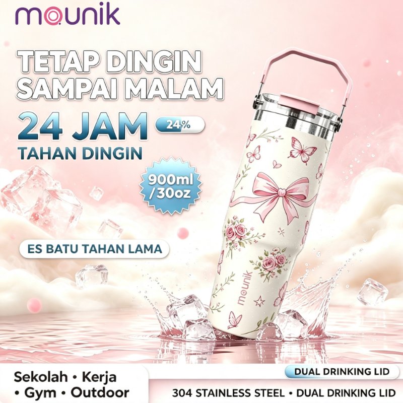 Mounik Tumbler 900ML Dua Mode Minum Vakum Insulated Tahan Panas Dingin 24 Jam Stainless 304 Anti Tumpah Portable