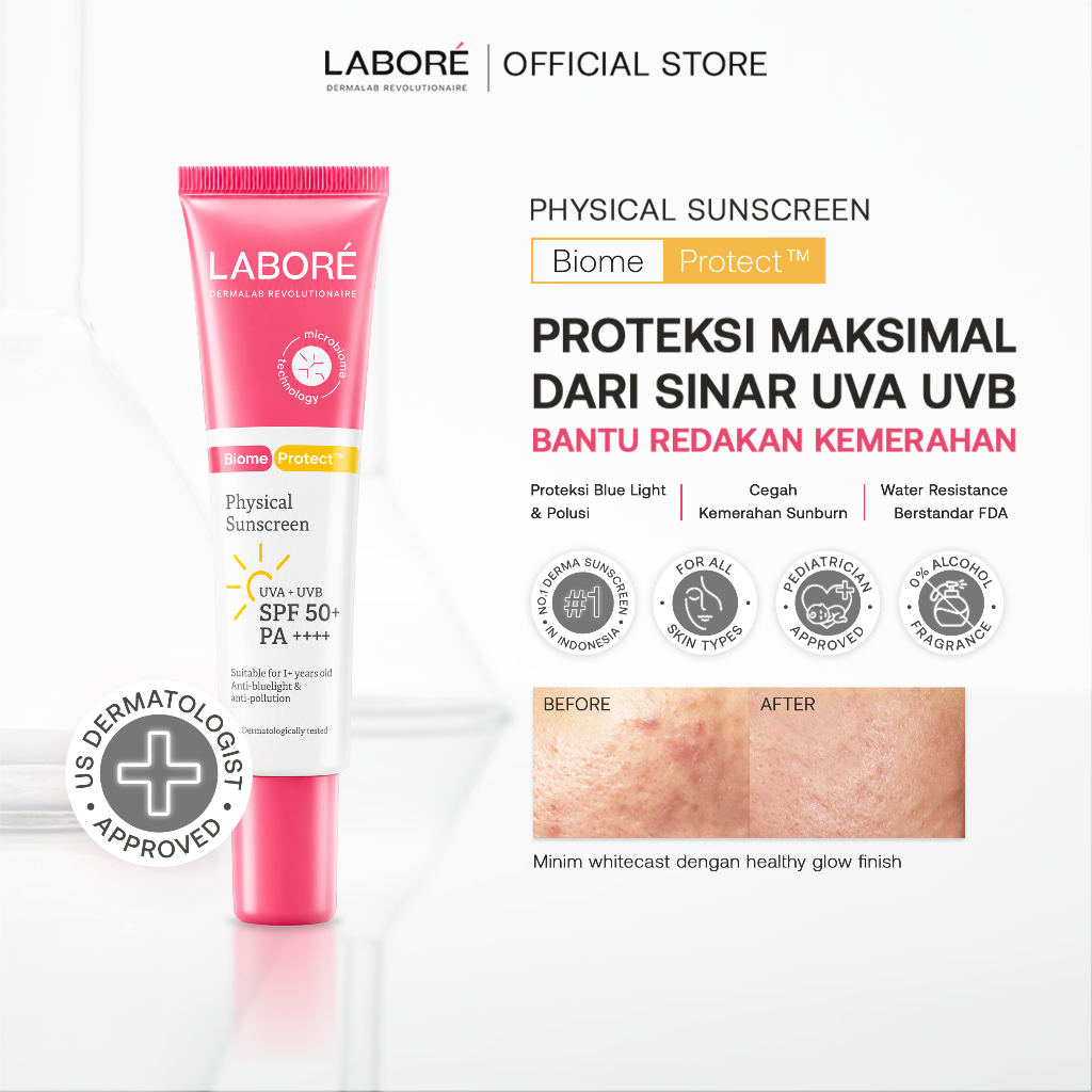 LABORÉ Sensitive Skin Care BiomeProtect Physical Sunscreen SPF 50+ PA++++ 30ml - Sunscreen Ringan Cocok Aman Kulit Sensitif Anak Kids Melindungi Sinar UVA UVB Mudah Meresap Tidak Aneh Whitecast Skincare Face Best Seller Skincare Viral Pyschal SS Labore