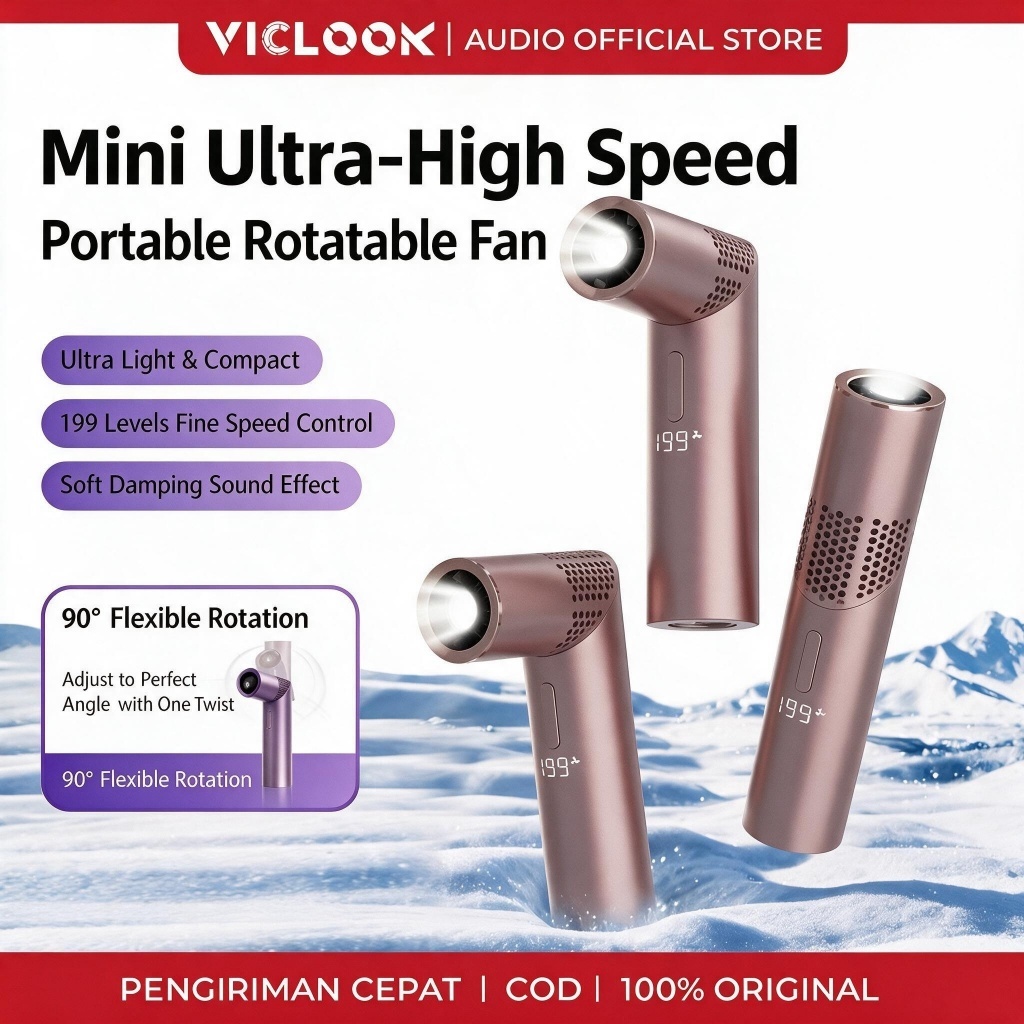 VICLOOK Mini Ultra-High Speed Portable Fan 199 Levels Speed Control 90° Foldable Handheld Pocket Fan with LED Display Flashlight 3000mAh Battery