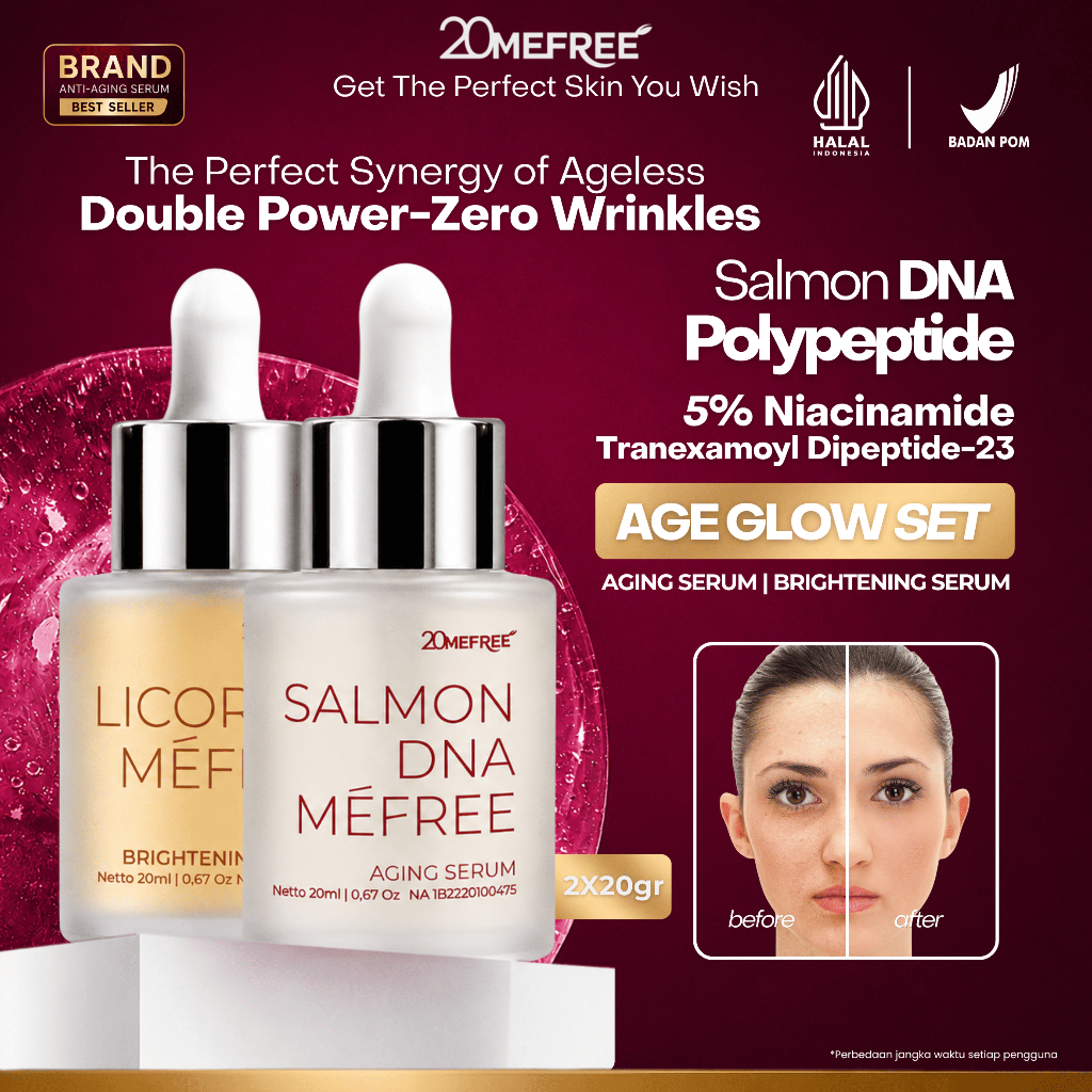 Age Glow Set | 20Mefree Serum Anti Aging Salmon DNA + Serum Brightening Licorice Cegah Flek Hitam