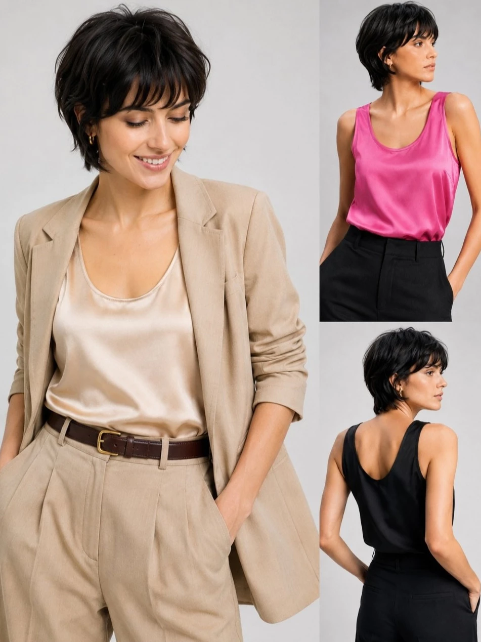 Tanktop Satin Formal Casual Wanita Kantoran OLN Satin Scoop-Neck Tank - 3309