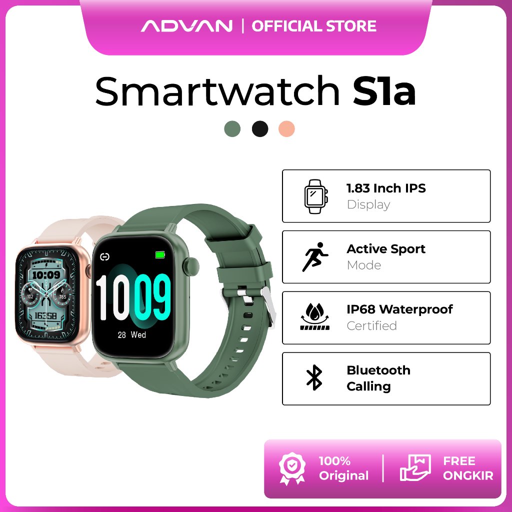 ADVAN Smartwatch S1a | 1.83 Inch | Bluetooth Call | 20 Hari Standby | IP68 Waterproof | Heart Rate | Garansi Resmi 1 Tahun