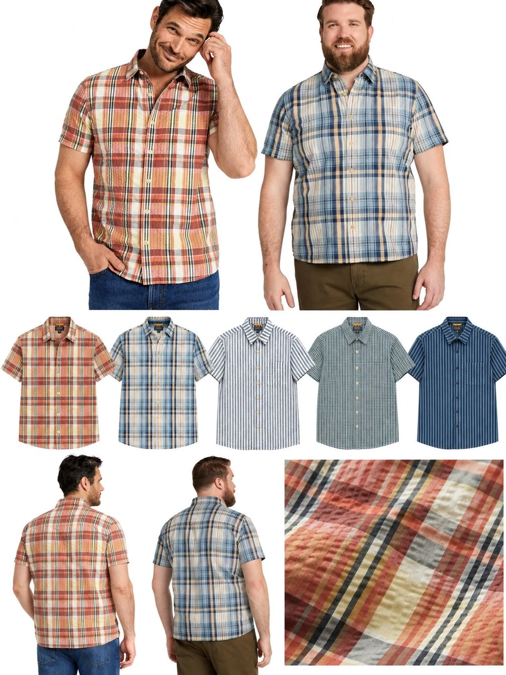 Kemeja Pria Lengan Pendek LL.Bean Men's Signature Seersucker Madras Shirt - 3228