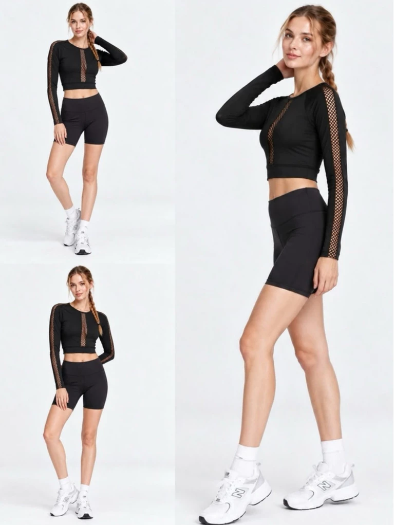 Atasan Lengan Panjang Crop Wanita VSS Sport Women’s Black Mesh-Accent Cropped Top - 3413