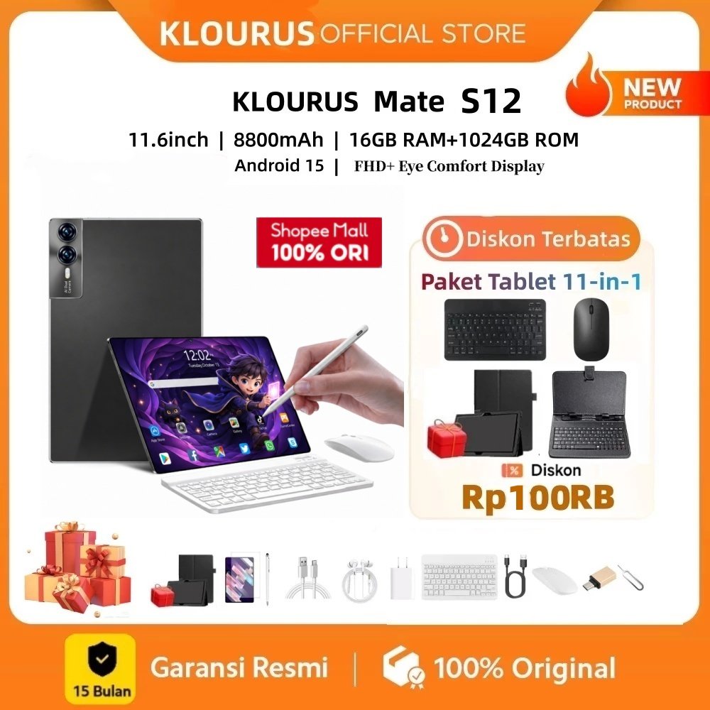 ​​[Free Mouse Keyboard ]KLOURUS Tablet S12(16GB + 1024GB) | IPS 11.6" | Tablet Murah untuk Belajar,Gaming, Kerja & Hiburan | 5G Dual SIM, WiFi Tablet Anak Android 15, Kamera 48MP | Kapasitas baterai besar8800mAh [KLOURUS Official Store]​