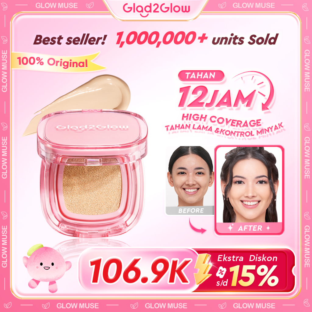 [Beli 2 Lebih Hemat!] Glad2Glow Cushion Foundation 6 Shades Semi-Matte Full Coverage Waterproof