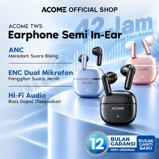ACOME TWS ENC ANC Noise Cancelling Semi In Ear Bluetooth 6.0 Earphone Gaming Headset Low Latency 38MS Tahan 42 Jam Bass 13MM Earbuds Wireless Original AT17 - Garansi 12 Bulan