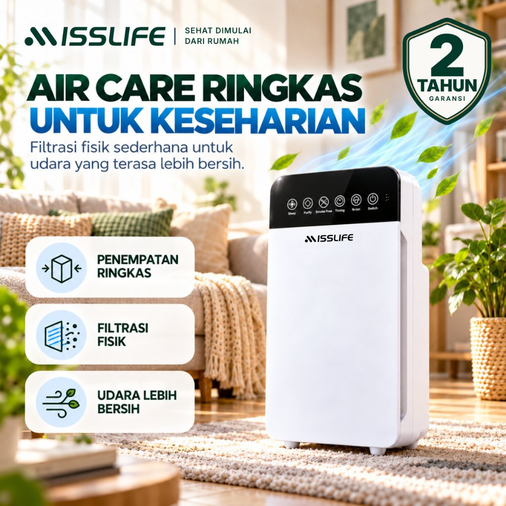 [Ready Stock] Miss Life Air Purifier Pembersih Udara Ruangan 10-20m² dengan HEPA Filter & Karbon Aktif Penyaring Debu Bau Alergen Bulu Kucing Senyap Hemat Listrik Penyaring Udara untuk Kamar Rumah Kantor K2