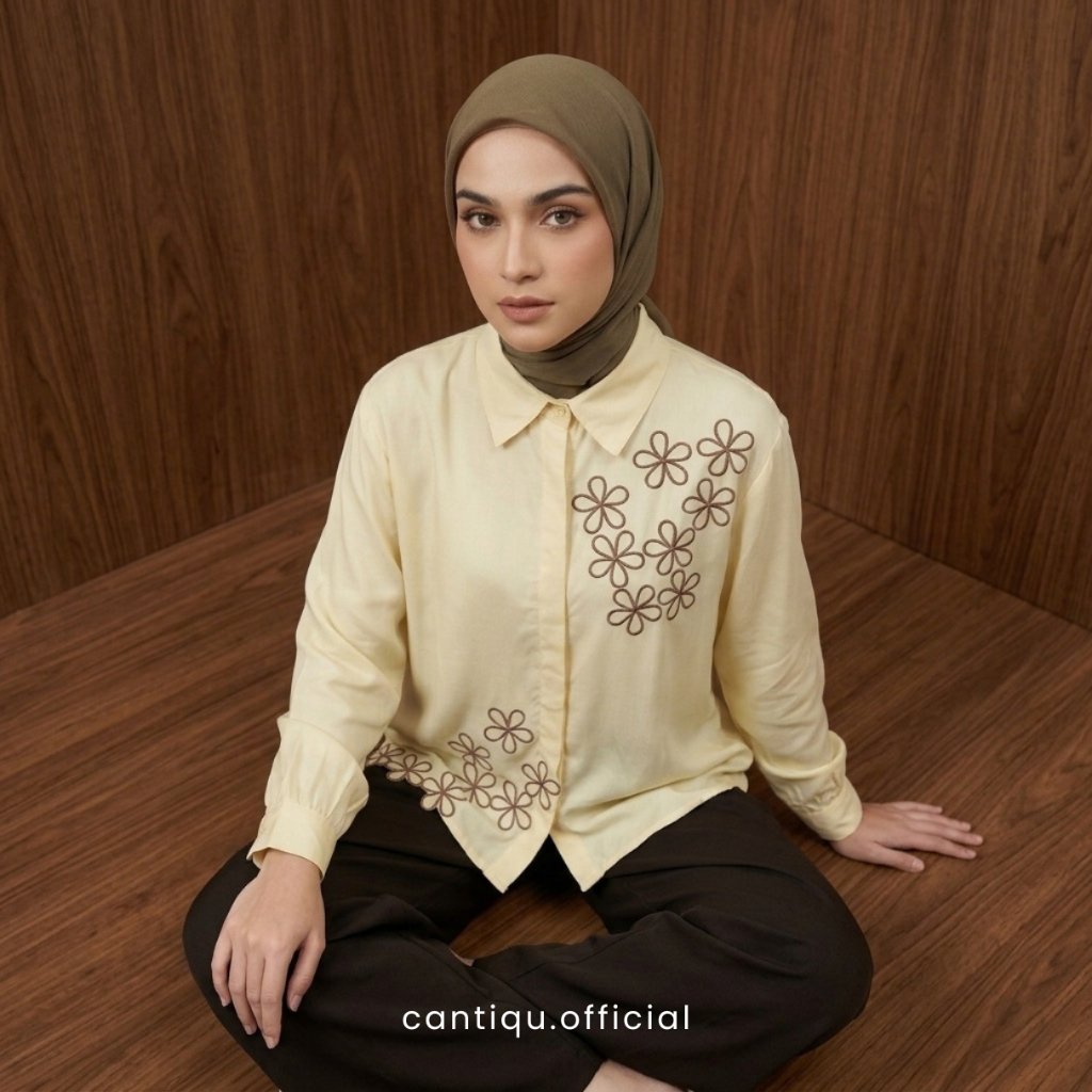 Cantiqu Kemeja Wanita Rayon Kyren Bordir Bunga | Atasan Wanita Lengan Panjang