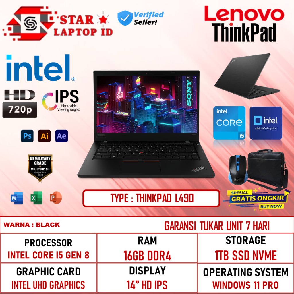 Lenovo Thinkpad E490 L480 L490 Intel i5 8365U 16GB 1TB SSD 14 Inch HD Windows 11 Profesional