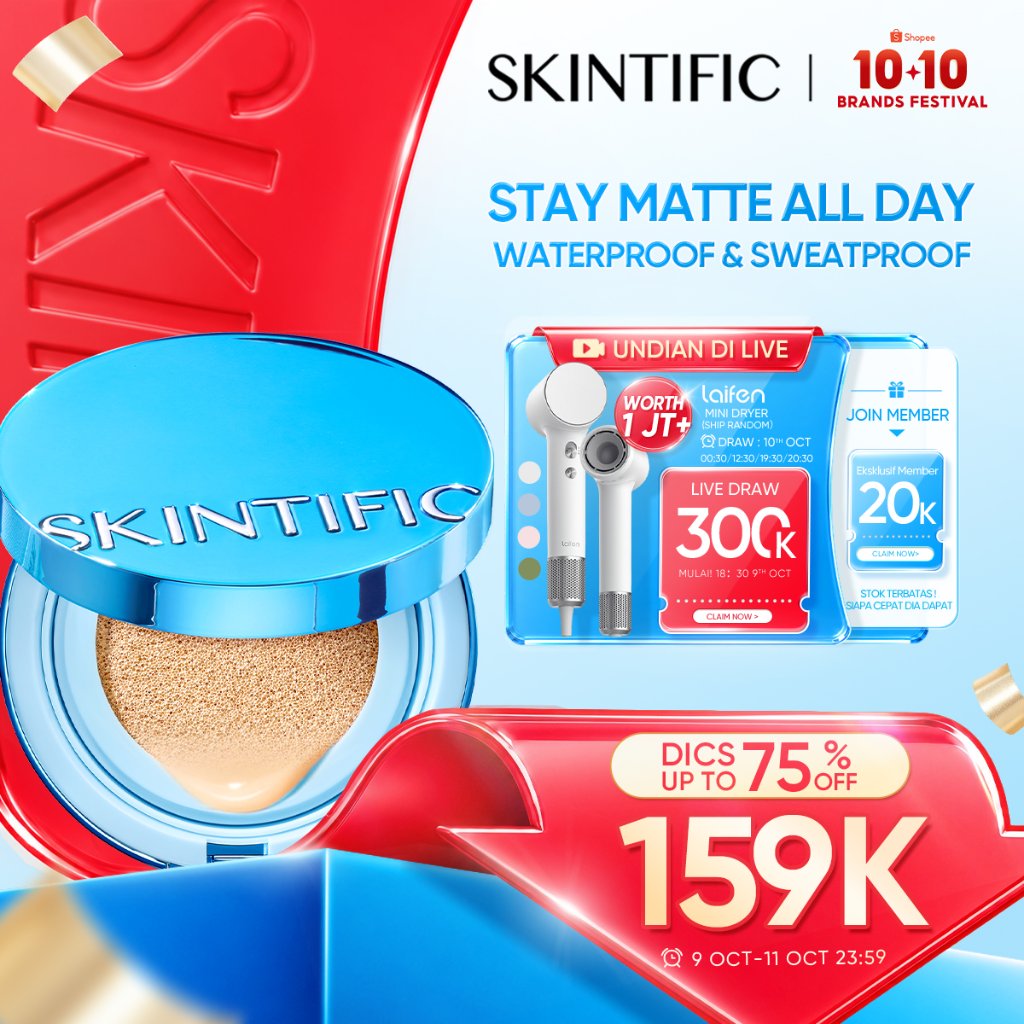 SKINTIFIC - Perfect Stay Velvet Matte Cushion | 12H Matte Finish Cocok untuk Kulit Berminyak Berjerawat&Semua Non-Comedogenic Refill Foundation Compact Oil-Control Flawless MINI SIZE Travel Friendly BB Cream Makeup bedak padat Skin Tint concealer