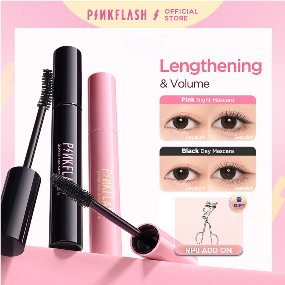 PINKFLASH Maskara Day & Night Lengthening Volume Waterproof Long-lasting Sweatproof Mascara Black PF-E08