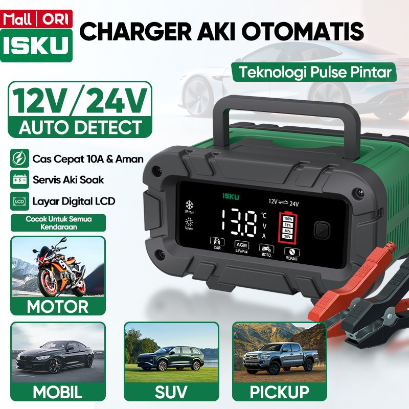 ISKU Charger Aki Otomatis 12V 24V 10A Casan Baterai Mobil Motor Truk Alat Cas Servis Aki Soak Pulse Repair Layar LCD Digital Pengecas Kendaraan Kering Basah AGM GEL LiFePO4 Auto Detect Anti Konslet Pintar Cepat Awet