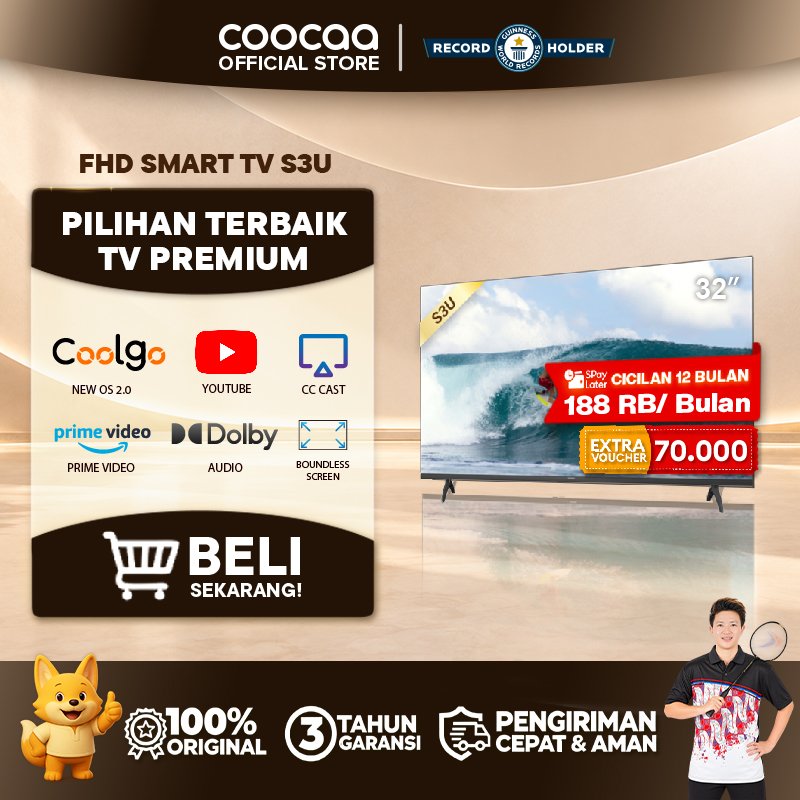 COOCAA 32 inch S3U Smart TV - Digital TV - Dolby Audio - Youtube - Mirroring -  Flick Free - Boundless  - WIFI - HD - USB/AV/LAN - OS Coolita (COOCAA 32S3U)