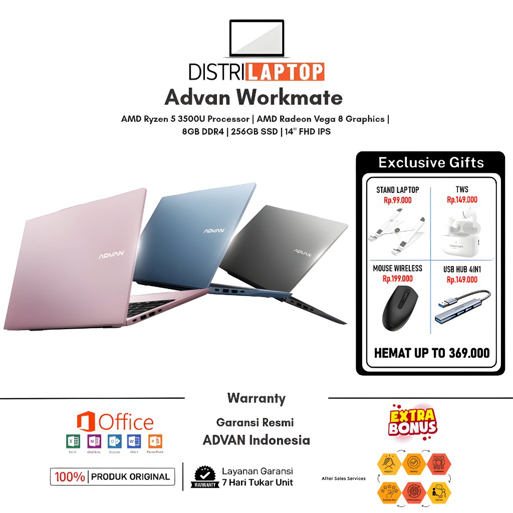 Laptop Advan Workmate AMD R5 3500U 8GB 256GB 14" FHD+ IPS Win11 Light Blue + Tas SleeveBag