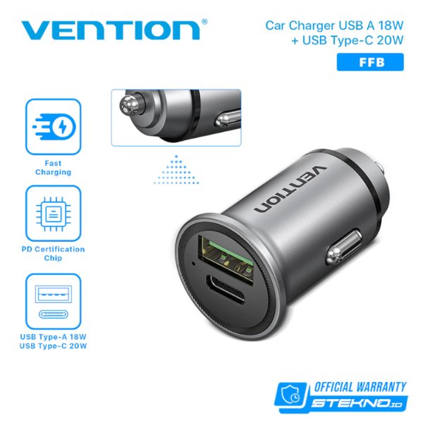 Car Charger USB A+C Vention FFBH0 20W Fast Charging + Free Gantungan Kunci
