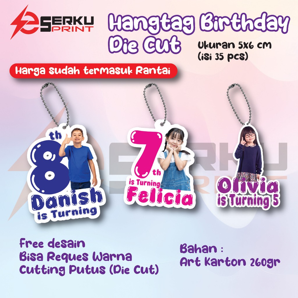 (ISI 35 pcs) HANGTAG UCAPAN ULANG TAHUN ANAK CUSTOM FOTO LUCU DIE CUT GRATIS TALI RANTAI