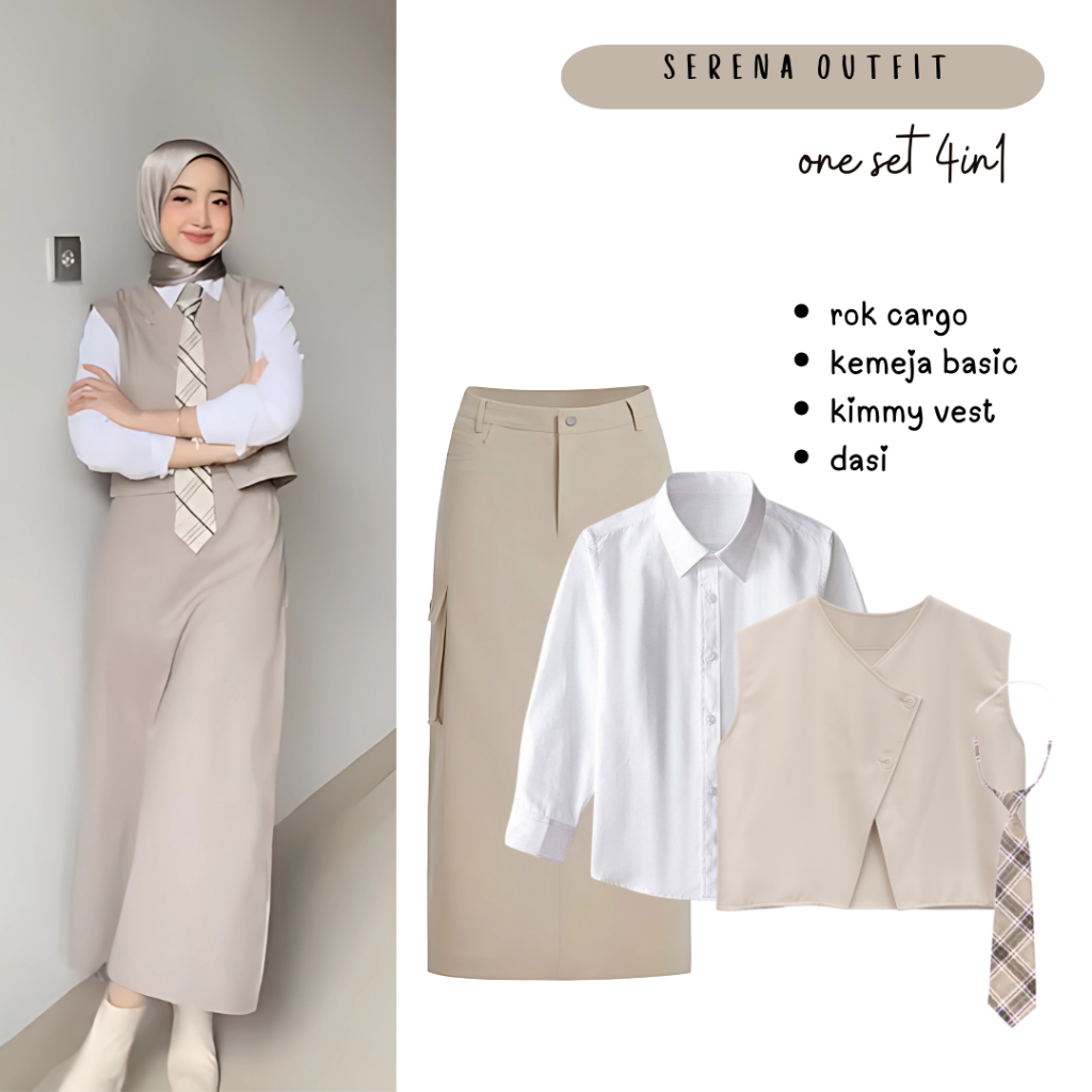 Jual One Set Wanita Korean Style | Kemeja Basic, Vest Cream, Rok Cargo ...