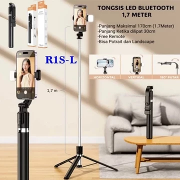 Tripod Tongsis Selfie Vlog R1S L 3 In 1 LED 1.7M Remote Bluetooth Andro Ios Portable