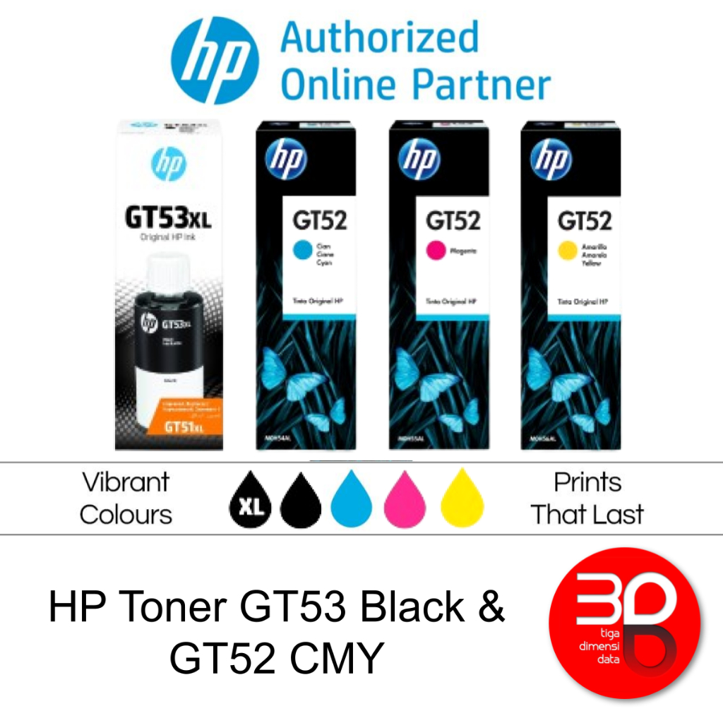 HP Tinta Printer GT53 Black, Black XL & GT52 Cyan Magenta Yellow Original [1VV21AA 1VV22AA M0H54AA M0H55AA M0H56AA]