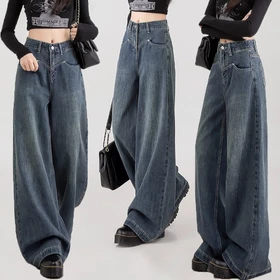 Real Pict Retro Celana Baggy Wanita Celana Highwaist Kulot Jeans Korean Style Celana Gombrong