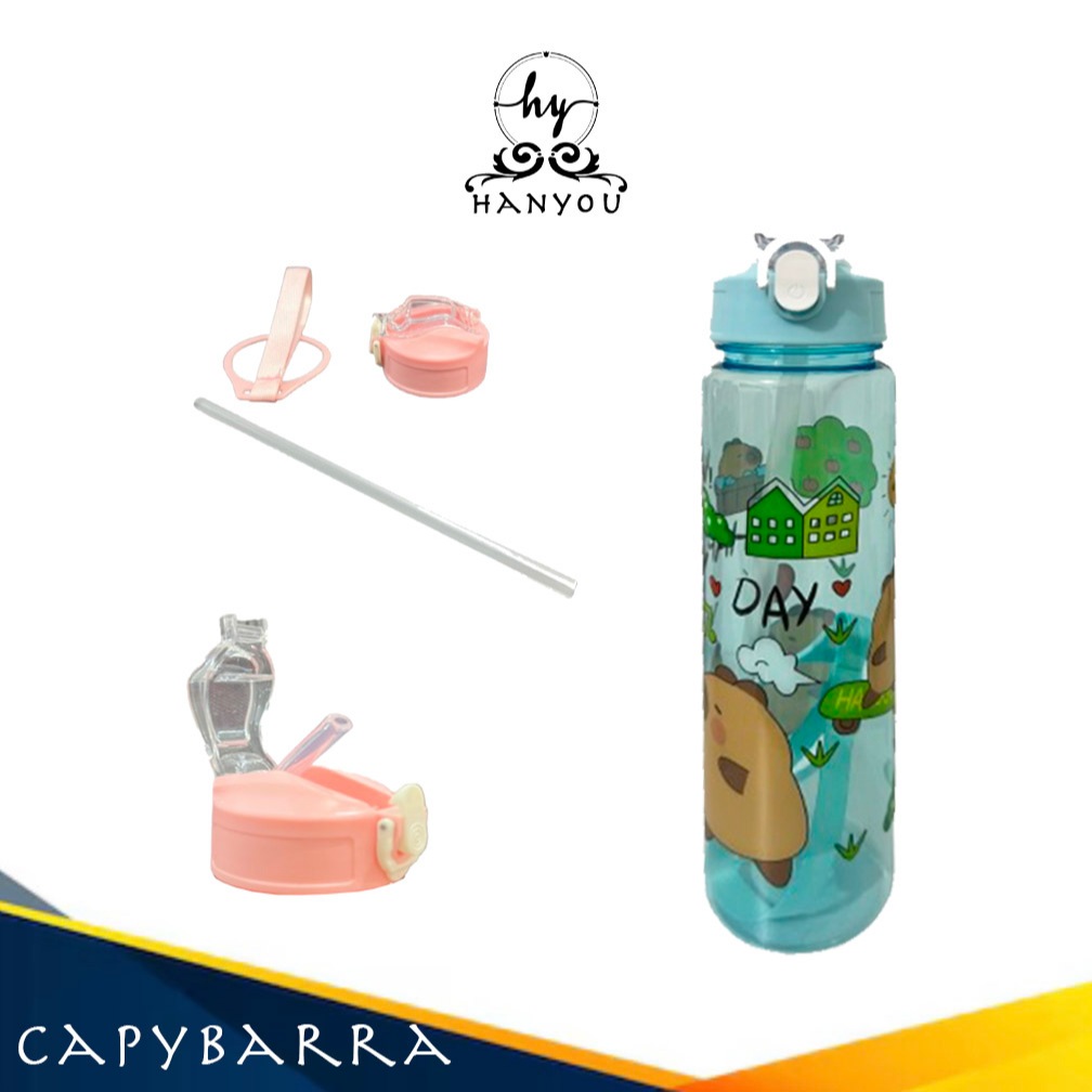 Botol minum 900 ML bening plastik karakter lucu anak perempuan ada sedotan  dan tali pegangan