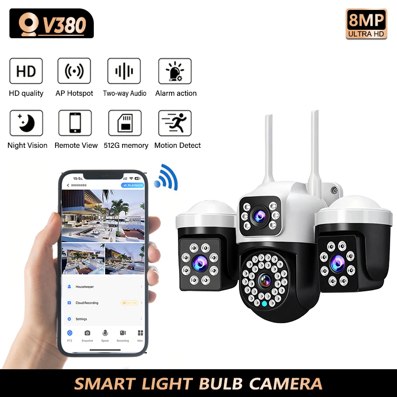 V380 pro CCTV 3 lens 360 rotation connecting cell phone remote night vision outdoor waterproof cctv - foto 1