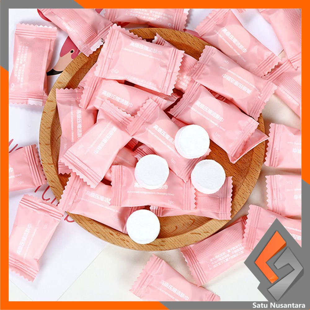 EC Eceran SN-K142 Putih Tissue Bulat Mini Travel Sekali Pakai / Masker Wajah Kompres Towel Portable Tisu Bentuk Permen / Travelling Compressed Paper Mask Sheet Import
