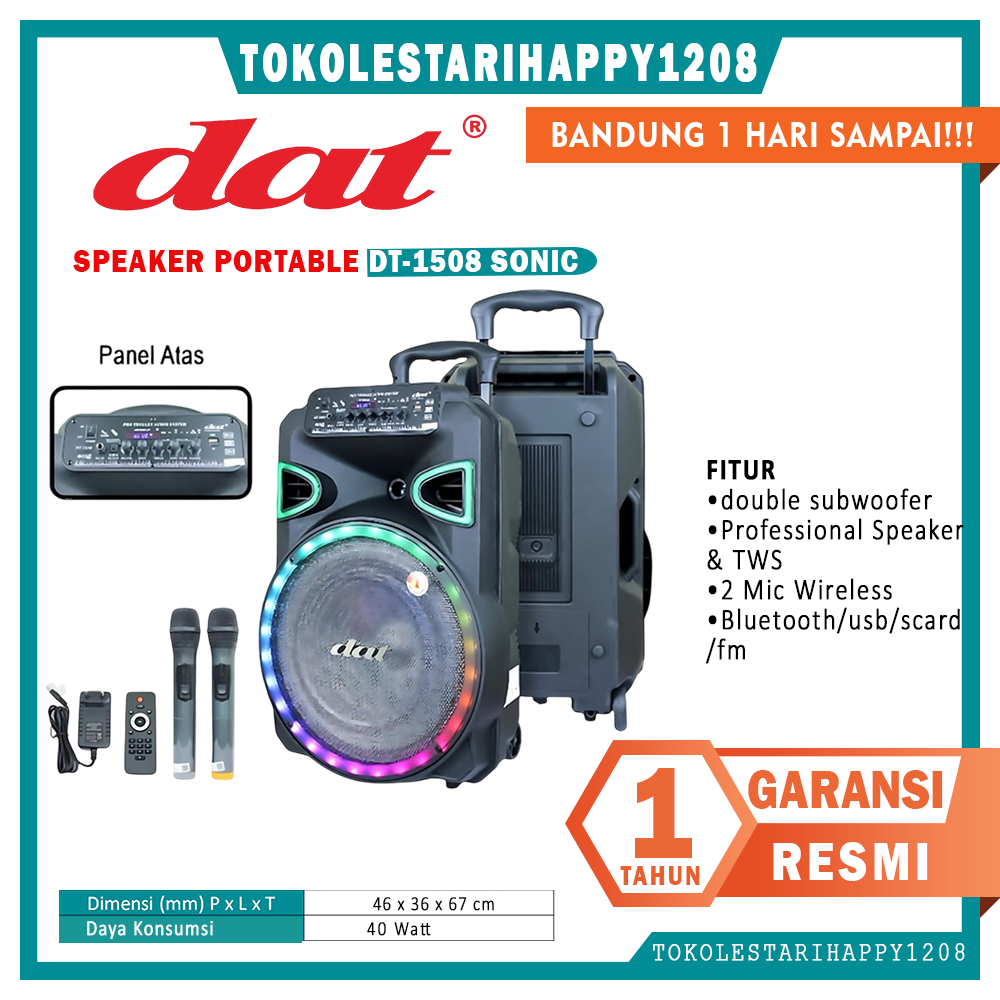 Jual Speaker Portable DAT DT 1508 Sonic 15 inch 2 Mic Wireless Garansi ...